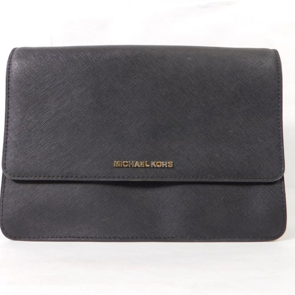 Michael Kors Small Black Clutch/Crossbody with Gold Chain and Leather Strap.